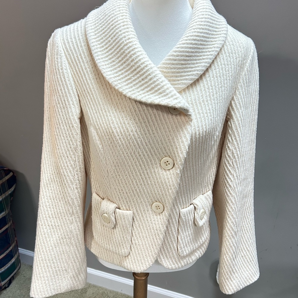 Cream Textured Blazer with Shawl Collar